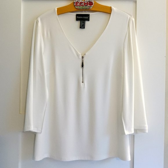Frank Lyman Design Tops - Frank Lyman Design White Knit Flutter 3/4 Split Sleeve Zip Front Top Size 10 NEW